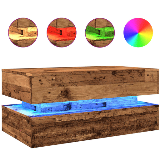 Mesa de Centro, Mesa baixa, com luzes LED 90x50x40 cm madeira velha
