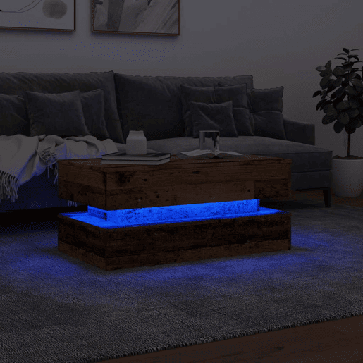 Mesa de Centro, Mesa baixa, com luzes LED 90x50x40 cm madeira velha