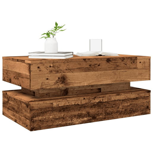 Mesa de Centro, Mesa baixa, com luzes LED 90x50x40 cm madeira velha