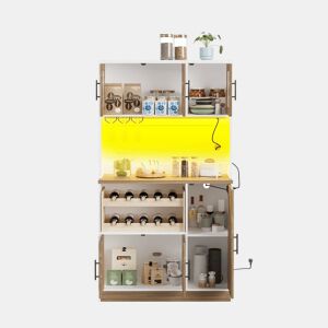 Armário de despensa de cozinha 100 x 40 x 180 cm u2013 com iluminação LED, tomada integrada, suporte para copos, suporte para garrafas e grande capacidade de arrumação u2013 branco e natural