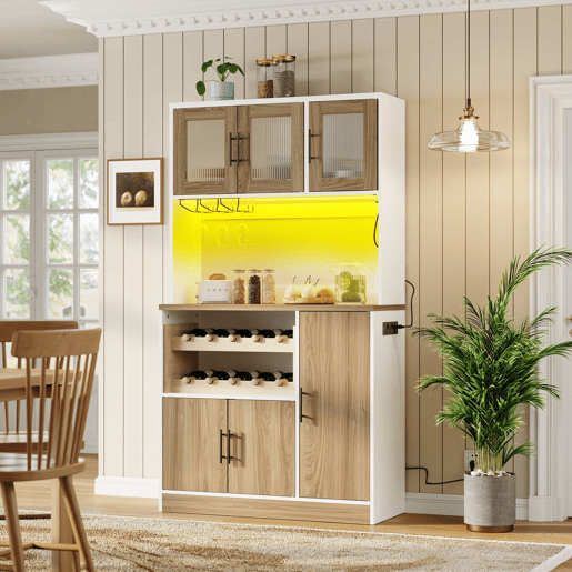 Armário de despensa de cozinha 100 x 40 x 180 cm u2013 com iluminação LED, tomada integrada, suporte para copos, suporte para garrafas e grande capacidade de arrumação u2013 branco e natural