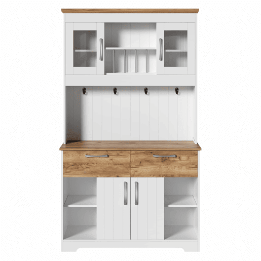 Aparador de cozinha 106 × 39 × 176,5 cm - com vitrines, 2 gavetas, portas e barra com ganchos - Natural, Branco Aparador de cozinha 106 × 39 × 176,5 cm - com vitrines, 2 gavetas, portas e barra com ganchos - Natural, Branco