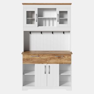 Aparador de cozinha 106 × 39 × 176,5 cm - com vitrines, 2 gavetas, portas e barra com ganchos - Natural, Branco