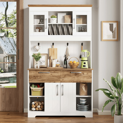 Aparador de cozinha 106 × 39 × 176,5 cm - com vitrines, 2 gavetas, portas e barra com ganchos - Natural, Branco Aparador de cozinha 106 × 39 × 176,5 cm - com vitrines, 2 gavetas, portas e barra com ganchos - Natural, Branco