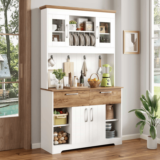 Aparador de cozinha 106 × 39 × 176,5 cm - com vitrines, 2 gavetas, portas e barra com ganchos - Natural, Branco Aparador de cozinha 106 × 39 × 176,5 cm - com vitrines, 2 gavetas, portas e barra com ganchos - Natural, Branco