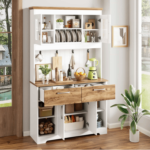 Aparador de cozinha 106 × 39 × 176,5 cm - com vitrines, 2 gavetas, portas e barra com ganchos - Natural, Branco Aparador de cozinha 106 × 39 × 176,5 cm - com vitrines, 2 gavetas, portas e barra com ganchos - Natural, Branco