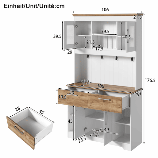 Aparador de cozinha 106 × 39 × 176,5 cm - com vitrines, 2 gavetas, portas e barra com ganchos - Natural, Branco Aparador de cozinha 106 × 39 × 176,5 cm - com vitrines, 2 gavetas, portas e barra com ganchos - Natural, Branco