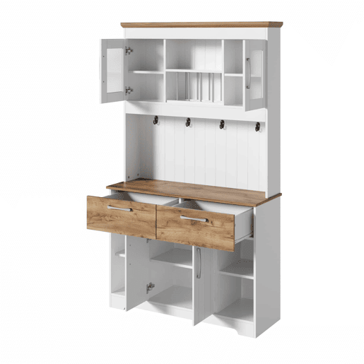 Aparador de cozinha 106 × 39 × 176,5 cm - com vitrines, 2 gavetas, portas e barra com ganchos - Natural, Branco Aparador de cozinha 106 × 39 × 176,5 cm - com vitrines, 2 gavetas, portas e barra com ganchos - Natural, Branco