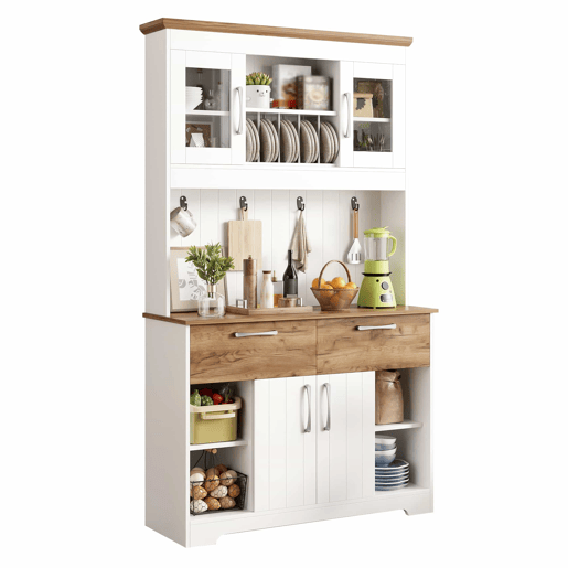 Aparador de cozinha 106 × 39 × 176,5 cm - com vitrines, 2 gavetas, portas e barra com ganchos - Natural, Branco Aparador de cozinha 106 × 39 × 176,5 cm - com vitrines, 2 gavetas, portas e barra com ganchos - Natural, Branco