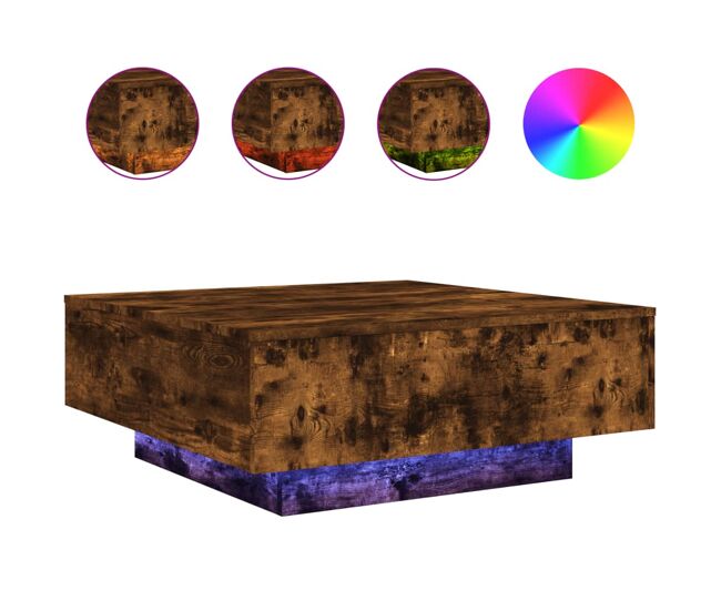 Mesa de café - mesa de centro con luces led roble ahumado 80x80x31 cm