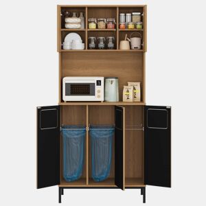 Armário para lixo 80x35x181 cm - Armário de cozinha de 3 portas com separação de resíduos, móvel alto com acabamento em carvalho, 3 compartimentos para triagem, prateleira para micro-ondas e espaço de arrumação para aspirador - Natural