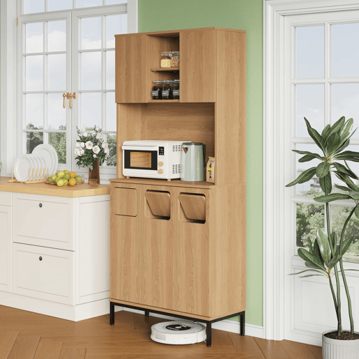 Armário para lixo 80x35x181 cm - Armário de cozinha de 3 portas com separação de resíduos, móvel alto com acabamento em carvalho, 3 compartimentos para triagem, prateleira para micro-ondas e espaço de arrumação para aspirador - Natural
