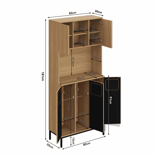 Armário para lixo 80x35x181 cm - Armário de cozinha de 3 portas com separação de resíduos, móvel alto com acabamento em carvalho, 3 compartimentos para triagem, prateleira para micro-ondas e espaço de arrumação para aspirador - Natural
