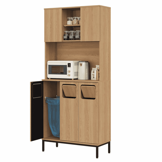 Armário para lixo 80x35x181 cm - Armário de cozinha de 3 portas com separação de resíduos, móvel alto com acabamento em carvalho, 3 compartimentos para triagem, prateleira para micro-ondas e espaço de arrumação para aspirador - Natural
