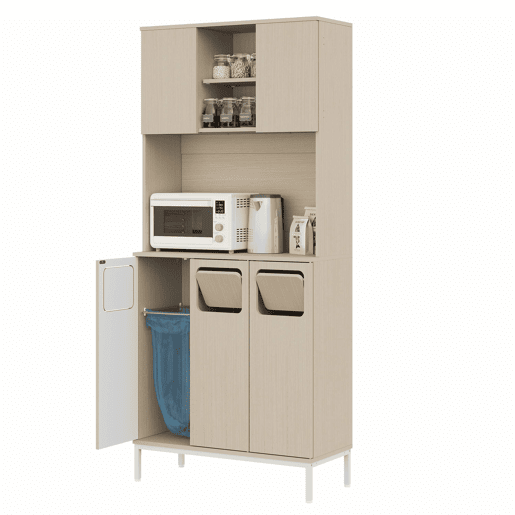Armário para lixo 80 x 35 x 181 cm - 3 portas, compartimento para resíduos, espaço para micro-ondas, espaço para aspirador, acabamento em madeira clara e branco - Branco
