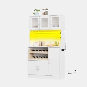 Armário de despensa para cozinha 100x40x180 cm - com LED RGB, tomada, suporte para copos, suporte para garrafas e portas de vidro - branco