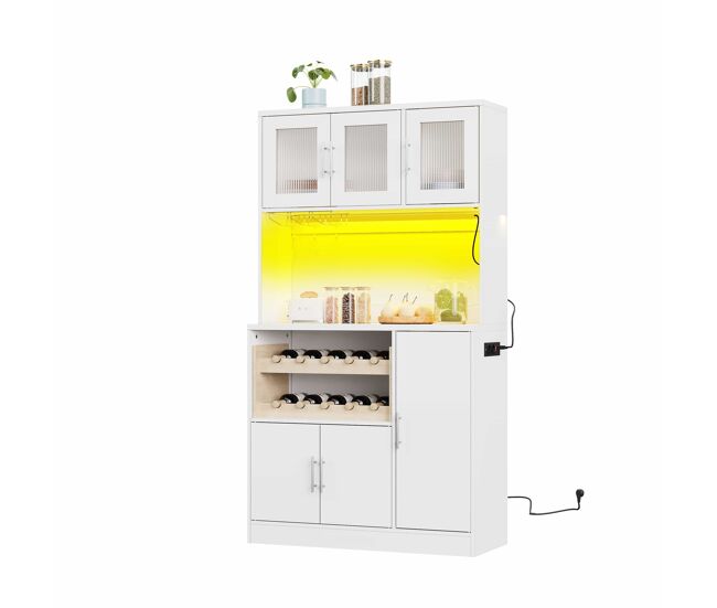 Armario despensa cocina 100x40x180 cm - con led rgb, enchufe, soporte para copas, botellero y puertas de cristal - blanco