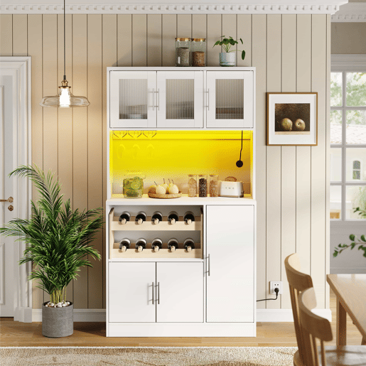 Armário de despensa para cozinha 100x40x180 cm - com LED RGB, tomada, suporte para copos, suporte para garrafas e portas de vidro - branco