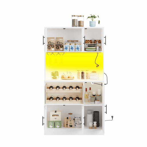 Armário de despensa para cozinha 100x40x180 cm - com LED RGB, tomada, suporte para copos, suporte para garrafas e portas de vidro - branco