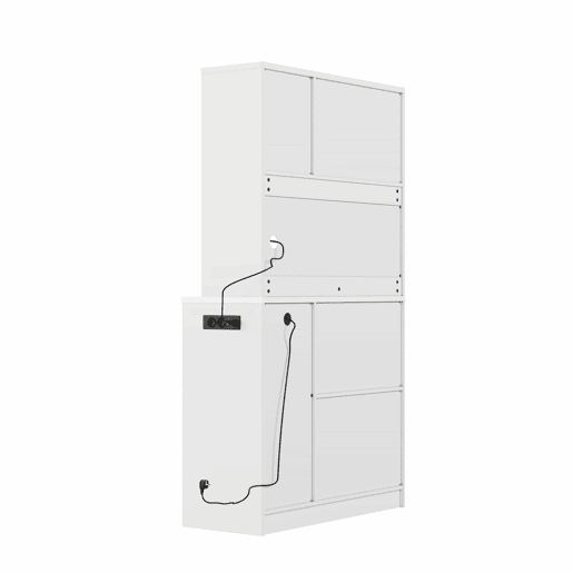 Armário de despensa para cozinha 100x40x180 cm - com LED RGB, tomada, suporte para copos, suporte para garrafas e portas de vidro - branco