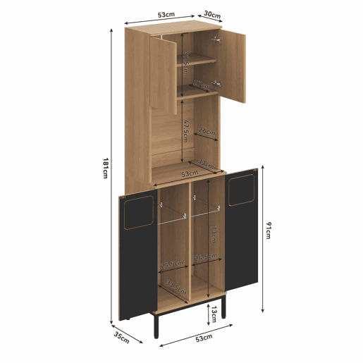 Armário de cozinha para lixo 53x35x181 cm - com compartimento para resíduos, espaço para micro-ondas, espaço para aspirador, design de armário alto com efeito de carvalho e preto - Natural