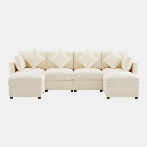 Sofá modular de 6 lugares - UL convertível, chenille, 2 pufes, braços ajustáveis, 4 almofadas e 2 apoios de cabeça - Bege