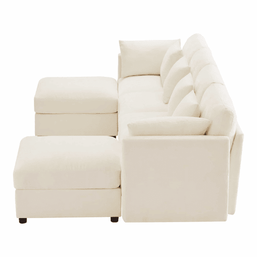Sofá modular de 6 lugares - UL convertível, chenille, 2 pufes, braços ajustáveis, 4 almofadas e 2 apoios de cabeça - Bege