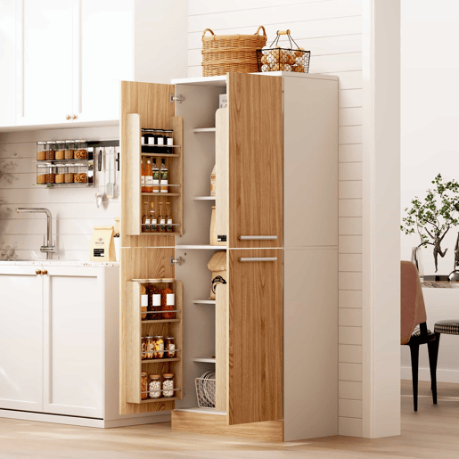 Armário de despensa de cozinha 76 x 42 x 180 cm - 4 portas, estilo frigorífico, prateleiras ajustáveis, grande capacidade, com puxadores metálicos e sistema anti-tombamento - branco e natural