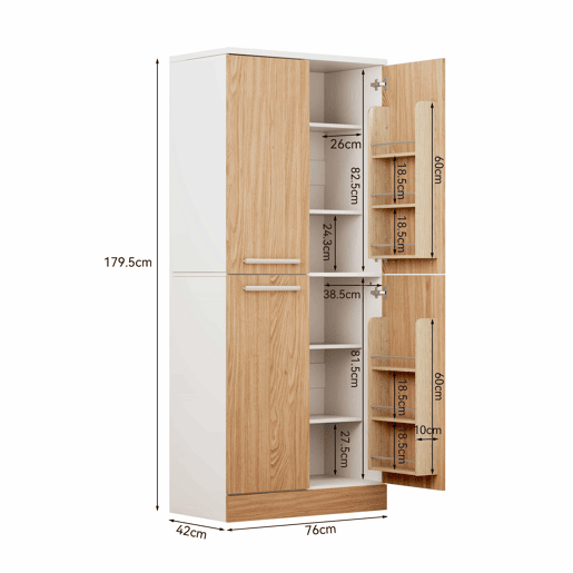 Armário de despensa de cozinha 76 x 42 x 180 cm - 4 portas, estilo frigorífico, prateleiras ajustáveis, grande capacidade, com puxadores metálicos e sistema anti-tombamento - branco e natural