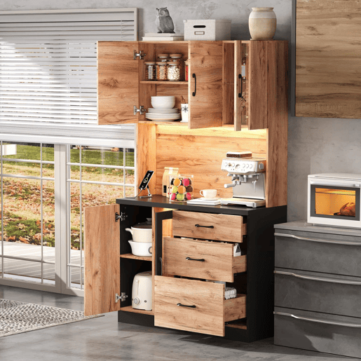 Armário alto de cozinha 105 x 40 x 180 cm - moderno, em preto e madeira, com LED e tomada de estilo europeu - Neutral Armário alto de cozinha 105 x 40 x 180 cm - moderno, em preto e madeira, com LED e tomada de estilo europeu - Neutral