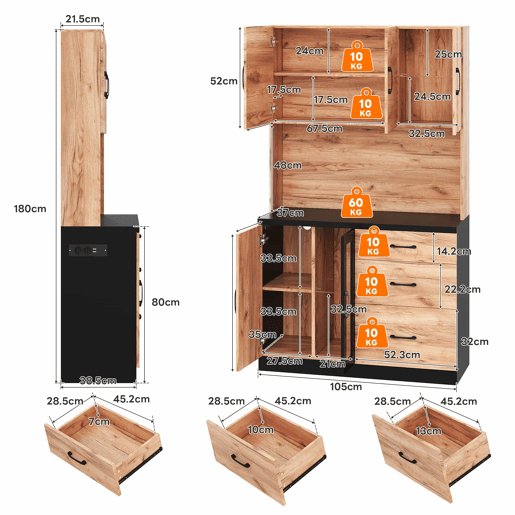 Armário alto de cozinha 105 x 40 x 180 cm - moderno, em preto e madeira, com LED e tomada de estilo europeu - Neutral Armário alto de cozinha 105 x 40 x 180 cm - moderno, em preto e madeira, com LED e tomada de estilo europeu - Neutral