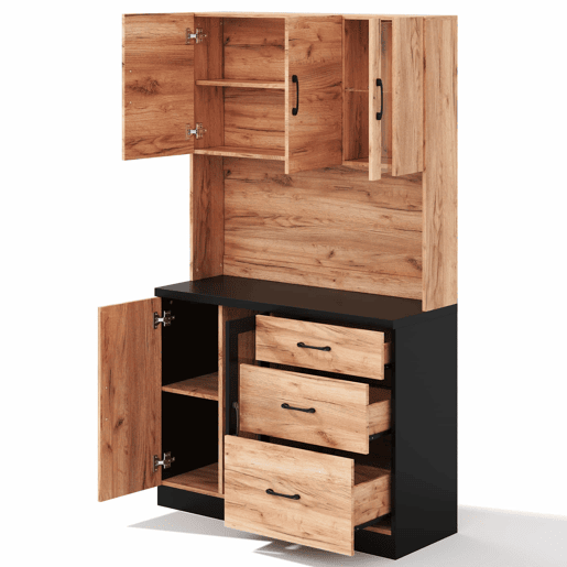 Armário alto de cozinha 105 x 40 x 180 cm - moderno, em preto e madeira, com LED e tomada de estilo europeu - Neutral Armário alto de cozinha 105 x 40 x 180 cm - moderno, em preto e madeira, com LED e tomada de estilo europeu - Neutral