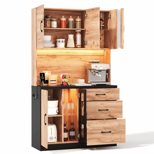 Armário alto de cozinha 105 x 40 x 180 cm - moderno, em preto e madeira, com LED e tomada de estilo europeu - Neutral Armário alto de cozinha 105 x 40 x 180 cm - moderno, em preto e madeira, com LED e tomada de estilo europeu - Neutral