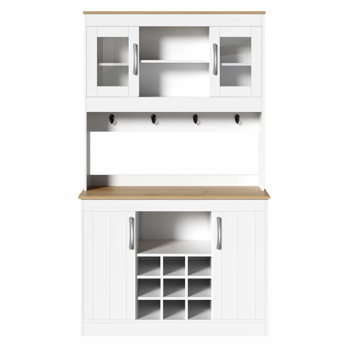 aparador de cocina 175 cm - con vitrina de cristal botellero y barra con ganchos armario despensa multifuncional para cocina comedor salon - natural y blanco