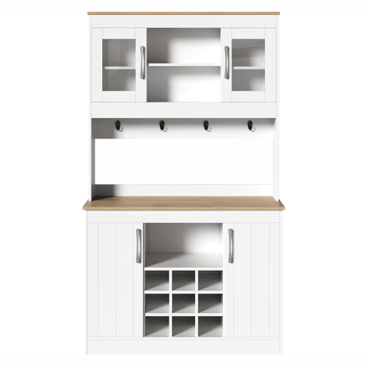 Aparador de cozinha de 175 cm u2013 com vitrina de vidro, suporte para garrafas e barra com ganchos, armário multifuncional para cozinha, sala de jantar e sala de estar u2013 Natural e Branco
