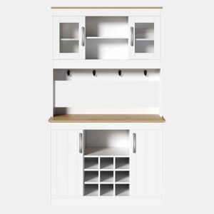 Aparador de cozinha de 175 cm u2013 com vitrina de vidro, suporte para garrafas e barra com ganchos, armário multifuncional para cozinha, sala de jantar e sala de estar u2013 Natural e Branco