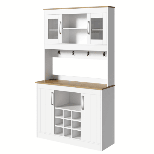 Aparador de cozinha de 175 cm u2013 com vitrina de vidro, suporte para garrafas e barra com ganchos, armário multifuncional para cozinha, sala de jantar e sala de estar u2013 Natural e Branco