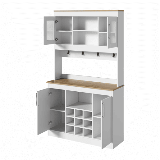 Aparador de cozinha de 175 cm u2013 com vitrina de vidro, suporte para garrafas e barra com ganchos, armário multifuncional para cozinha, sala de jantar e sala de estar u2013 Natural e Branco