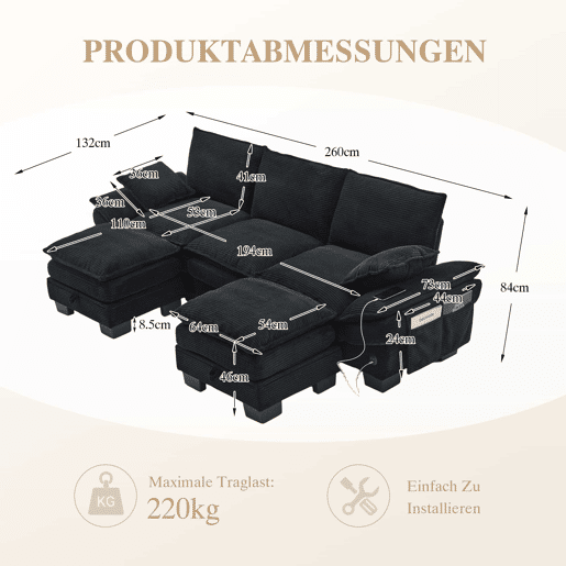 Sofá modular de 3 lugares - assento largo, design ergonómico, espuma de alta densidade, porta USB-C e bolsos laterais - preto