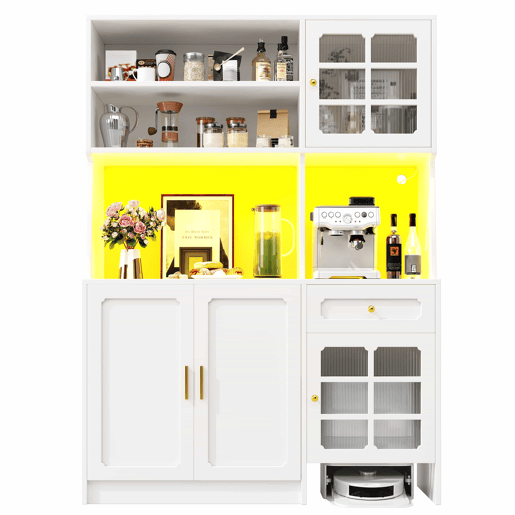 Armário de cozinha 130 x 45 x 180 cm - alto, com portas de vidro e iluminação LED - branco