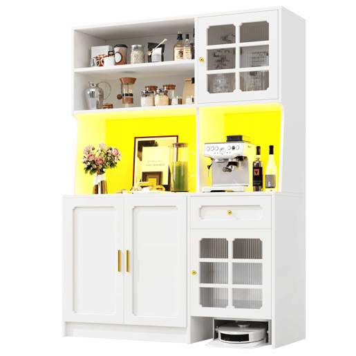 Armário de cozinha 130 x 45 x 180 cm - alto, com portas de vidro e iluminação LED - branco