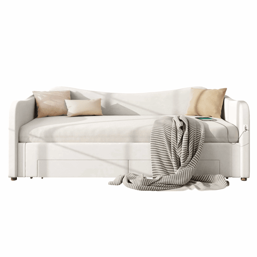 Cama tipo sofá-cama 90x200 cm - 2 gavetas de arrumação, sofá-cama extensível 180 cm, com porta USB - bege Cama tipo sofá-cama 90x200 cm - 2 gavetas de arrumação, sofá-cama extensível 180 cm, com porta USB - bege