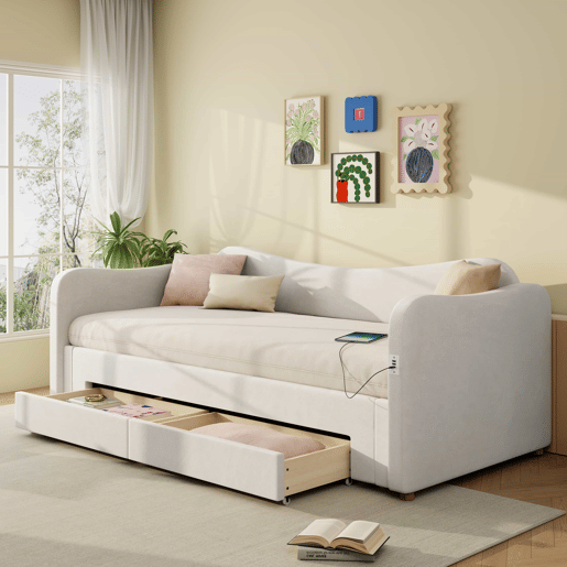 Cama tipo sofá-cama 90x200 cm - 2 gavetas de arrumação, sofá-cama extensível 180 cm, com porta USB - bege Cama tipo sofá-cama 90x200 cm - 2 gavetas de arrumação, sofá-cama extensível 180 cm, com porta USB - bege