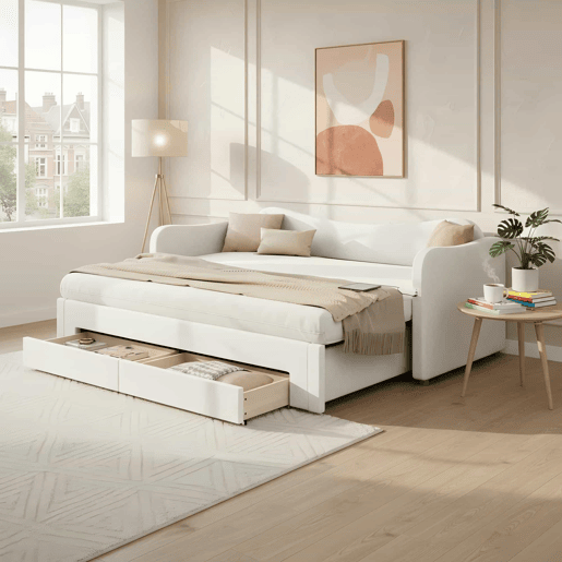 Cama tipo sofá-cama 90x200 cm - 2 gavetas de arrumação, sofá-cama extensível 180 cm, com porta USB - bege Cama tipo sofá-cama 90x200 cm - 2 gavetas de arrumação, sofá-cama extensível 180 cm, com porta USB - bege