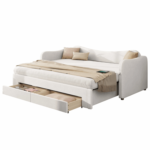 Cama tipo sofá-cama 90x200 cm - 2 gavetas de arrumação, sofá-cama extensível 180 cm, com porta USB - bege Cama tipo sofá-cama 90x200 cm - 2 gavetas de arrumação, sofá-cama extensível 180 cm, com porta USB - bege