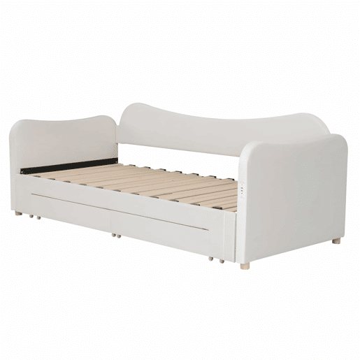 Cama tipo sofá-cama 90x200 cm - 2 gavetas de arrumação, sofá-cama extensível 180 cm, com porta USB - bege Cama tipo sofá-cama 90x200 cm - 2 gavetas de arrumação, sofá-cama extensível 180 cm, com porta USB - bege