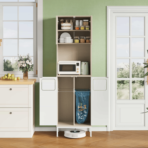 Armário de cozinha para lixo 53 x 35 x 181 cm - com compartimento para resíduos, espaço para micro-ondas e espaço de arrumação ajustável para aspirador - Branco