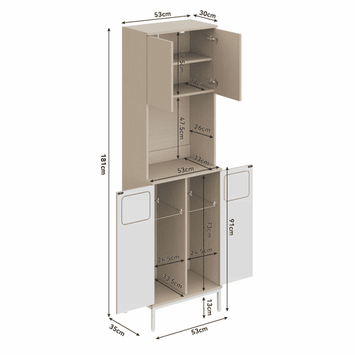 Armário de cozinha para lixo 53 x 35 x 181 cm - com compartimento para resíduos, espaço para micro-ondas e espaço de arrumação ajustável para aspirador - Branco