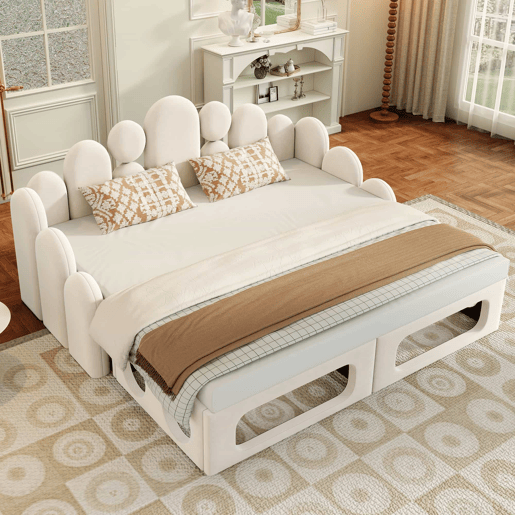 Sofá-cama 180x200 cm - 2 em 1 multifuncional com cama para animais de estimação, estofado em veludo, com base de colchão e encosto - Bege