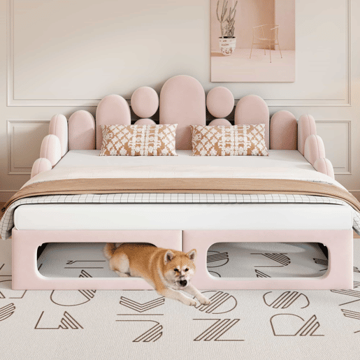 Sofá-cama estofado 180x200 - multifuncional 2 em 1, com cama para animais de estimação, tecido de veludo, base de colchão e encosto - rosa